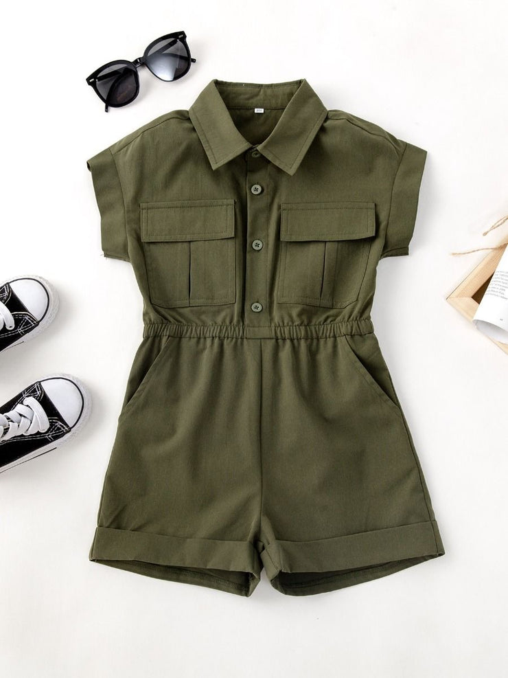 Lapel Collar Pocket Girls Rompers And Jumpsuits