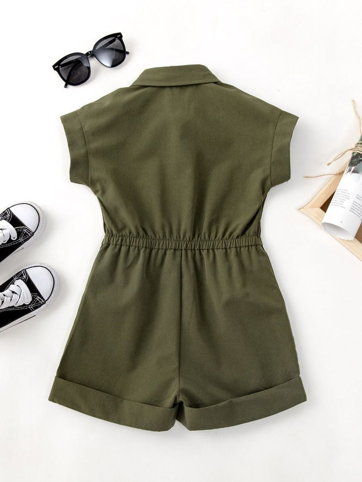 Lapel Collar Pocket Girls Rompers And Jumpsuits