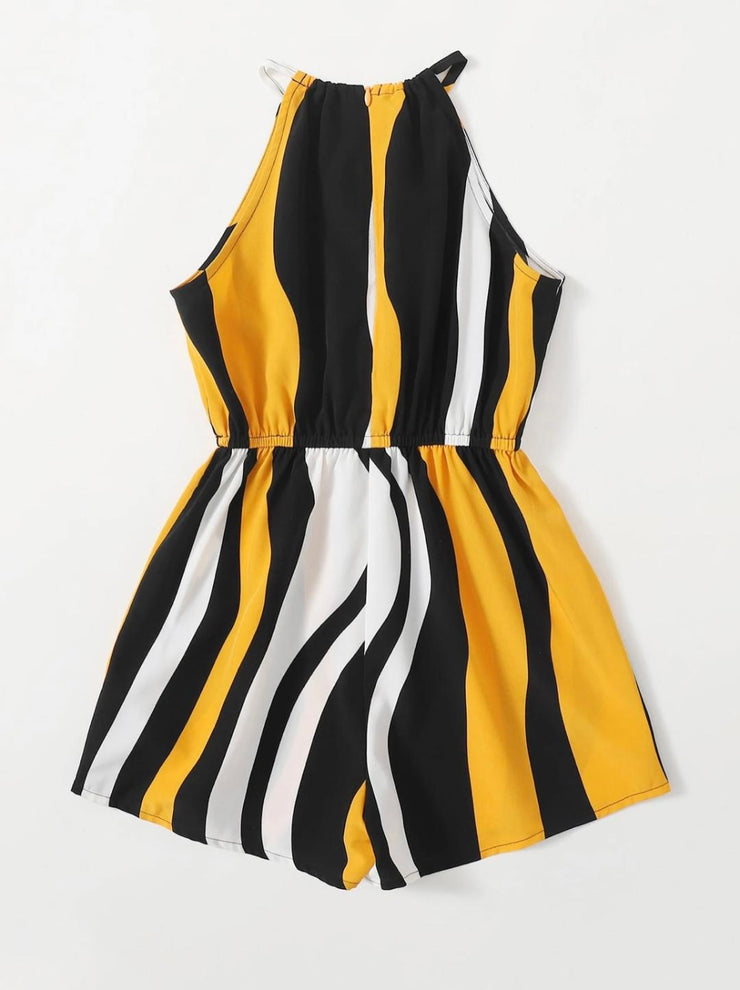 Girls Knot Waist Color block Halter Romper