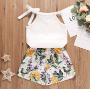 Girls Sleeveless off- shoulder Solid Color Top and Floral Shorts