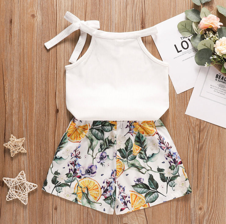Girls Sleeveless off- shoulder Solid Color Top and Floral Shorts