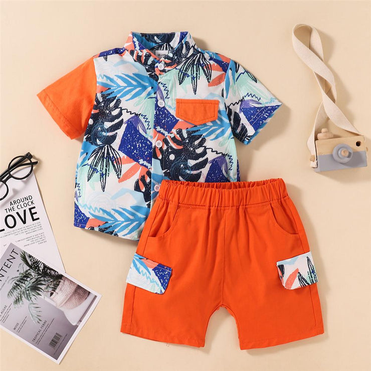 Boys Leaf Printed Short Sleeve Lapel Shirt & Shorts