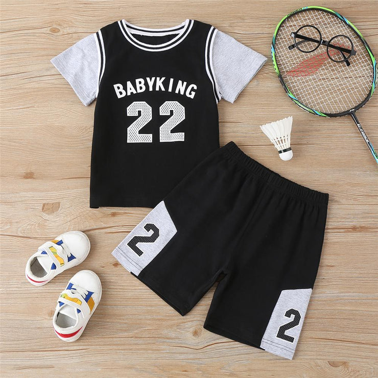 Boys Letter Printed Short Sleeve Color Contrast Top & Shorts