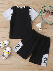 Boys Letter Printed Short Sleeve Color Contrast Top & Shorts