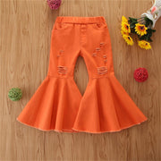 Girls Solid Color Flared Ripped Elastic Waist Jeans