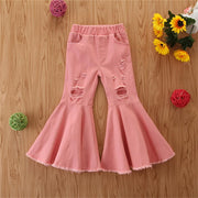 Girls Solid Color Flared Ripped Elastic Waist Jeans