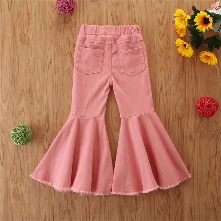 Girls Solid Color Flared Ripped Elastic Waist Jeans