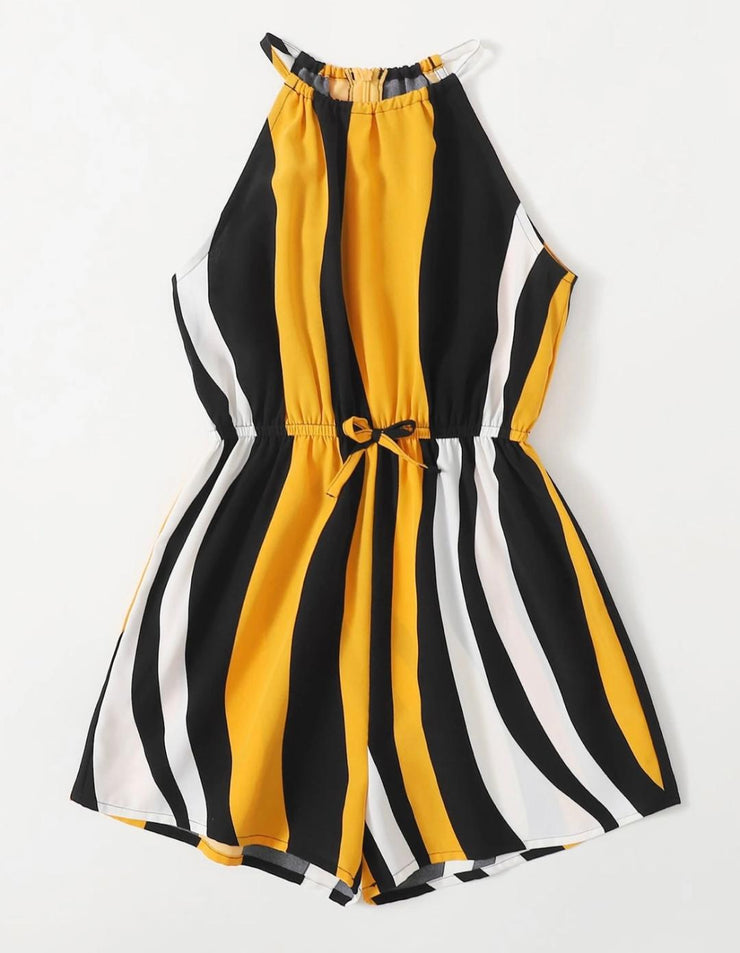 Girls Knot Waist Color block Halter Romper