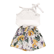 Girls Sleeveless off- shoulder Solid Color Top and Floral Shorts